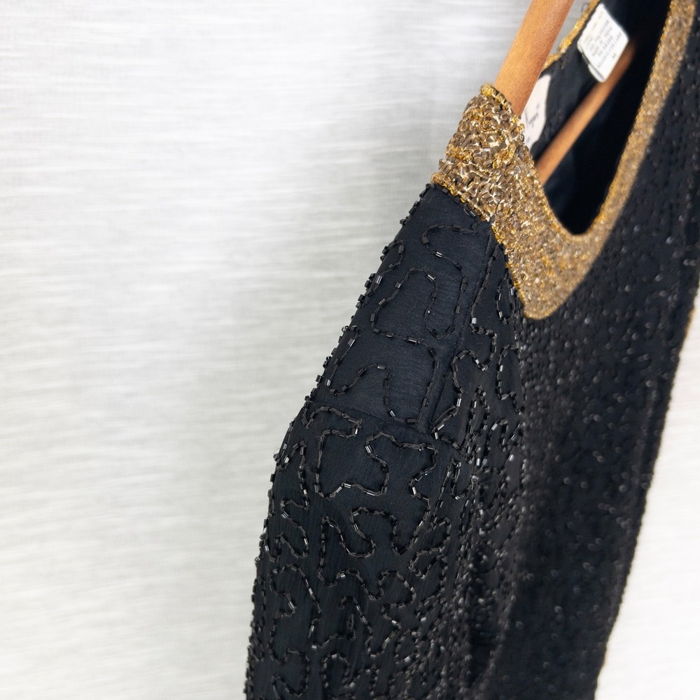 Vintage Laurence Kazar Beaded Top Women's Medium 100% Silk Black Gold Formal 80s - Picture 8 of 16